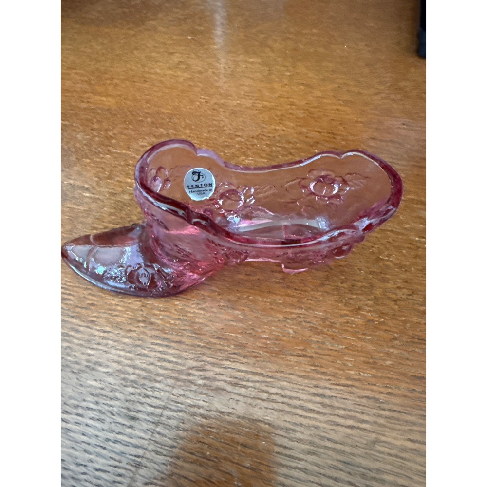 Fenton Pink Glass Slipperโ Figurine Rose Floral Embossed Art Glass Handmade USA